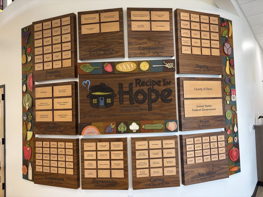 Donor Wall in the lobby of The River Food Pantry